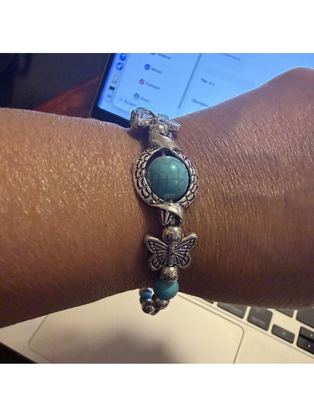 BRACELET Silver Tone Butterfly and Turquoise Beaded Bracelet